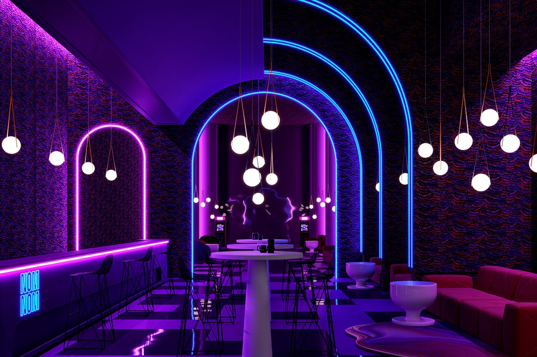 Moooi design lamp Nom Nom hangen in een ruimte met neon design