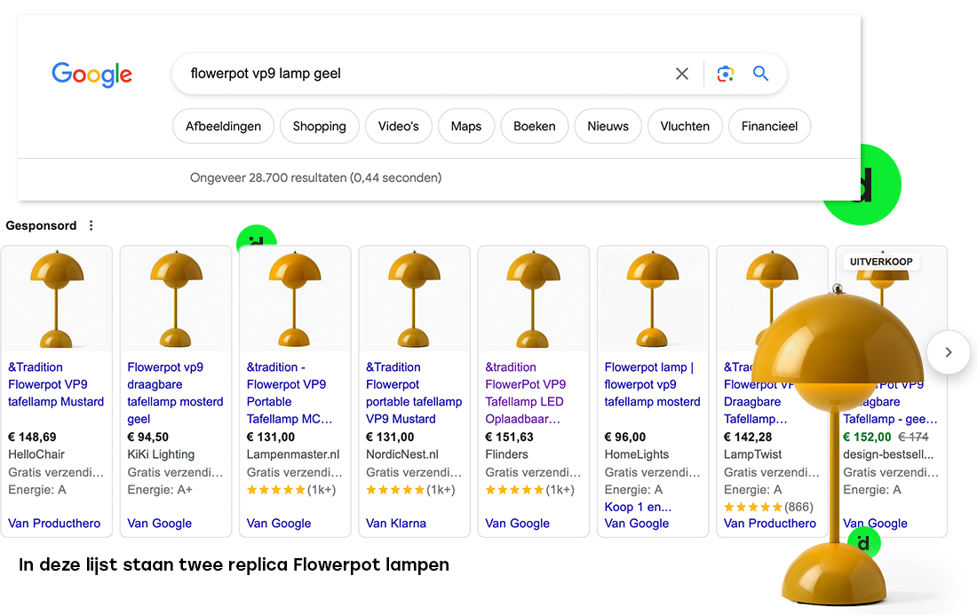 Replica design lamp in Google shopping