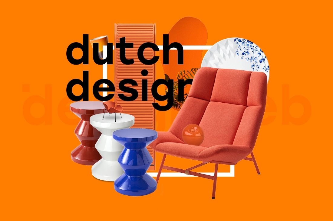 Dutch design meubels van verschillende merken tegen een oranje achtergrond 