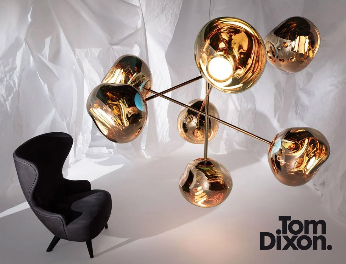 Tom Dixon Melt hanglamp met 7 lampen in de kleur goud.