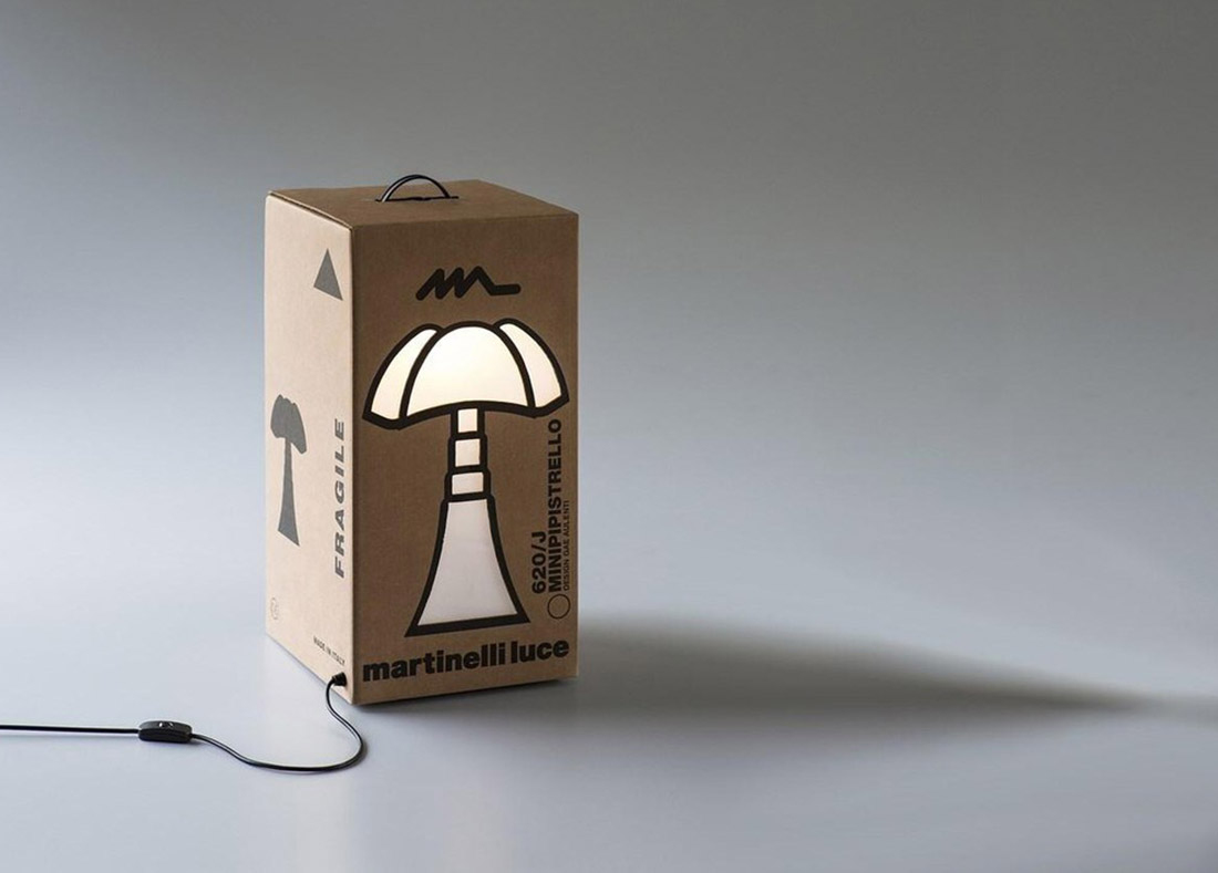 Mini Pipistrello lamp van een doos, de Cartone lamp van Martinelli Luce