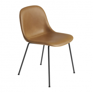 Muuto Fiber Side Chair Stoel, Stalen Poten - Refine Leder Cognac / Zwart