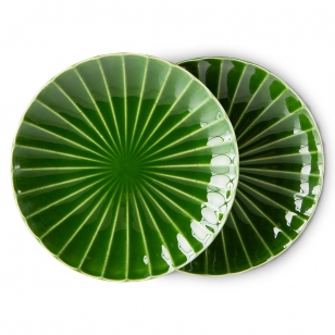 HKliving The emeralds keramiek bijgerecht bord ribbed groen (set van 2)